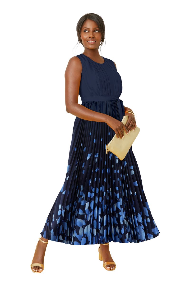 Jessica London Pleated Maxi Dress, Main, color, Navy Petal Border