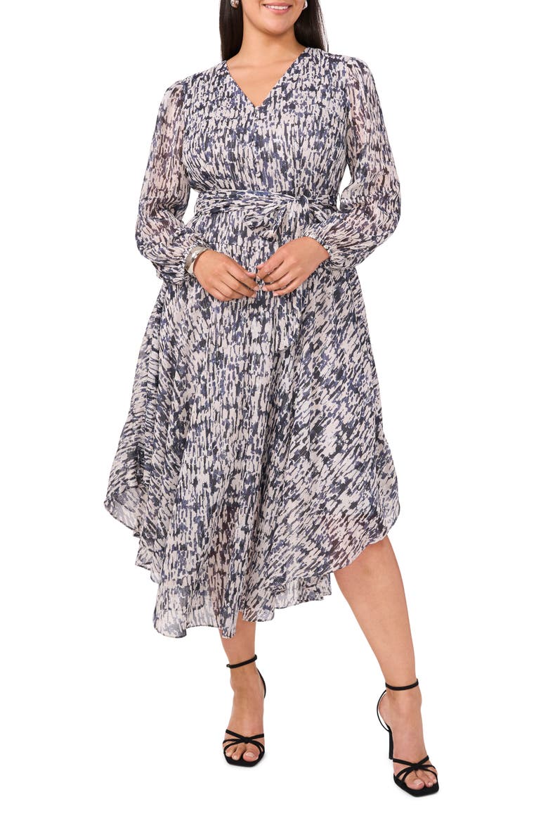 Printed Long Sleeve Belted Dress, Main, color, ANTARCTICA
