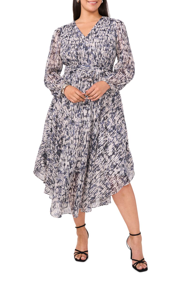 Vince Camuto Printed Long Sleeve Belted Dress, Main, color, 