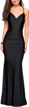 La Femme Form Fitting Jersey Dress with Ruching and Strappy Back