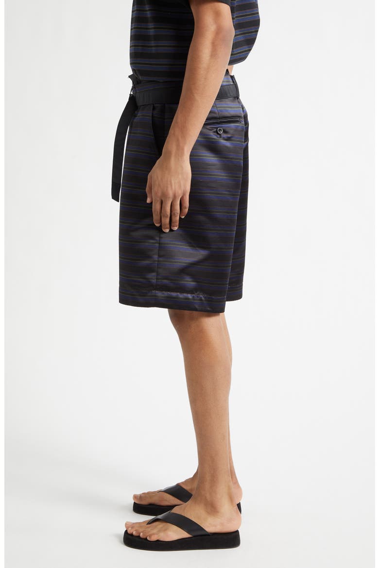Belted Mixed Media Horizontal Stripe Shorts, Alternate, color, BLACK/ NAVY