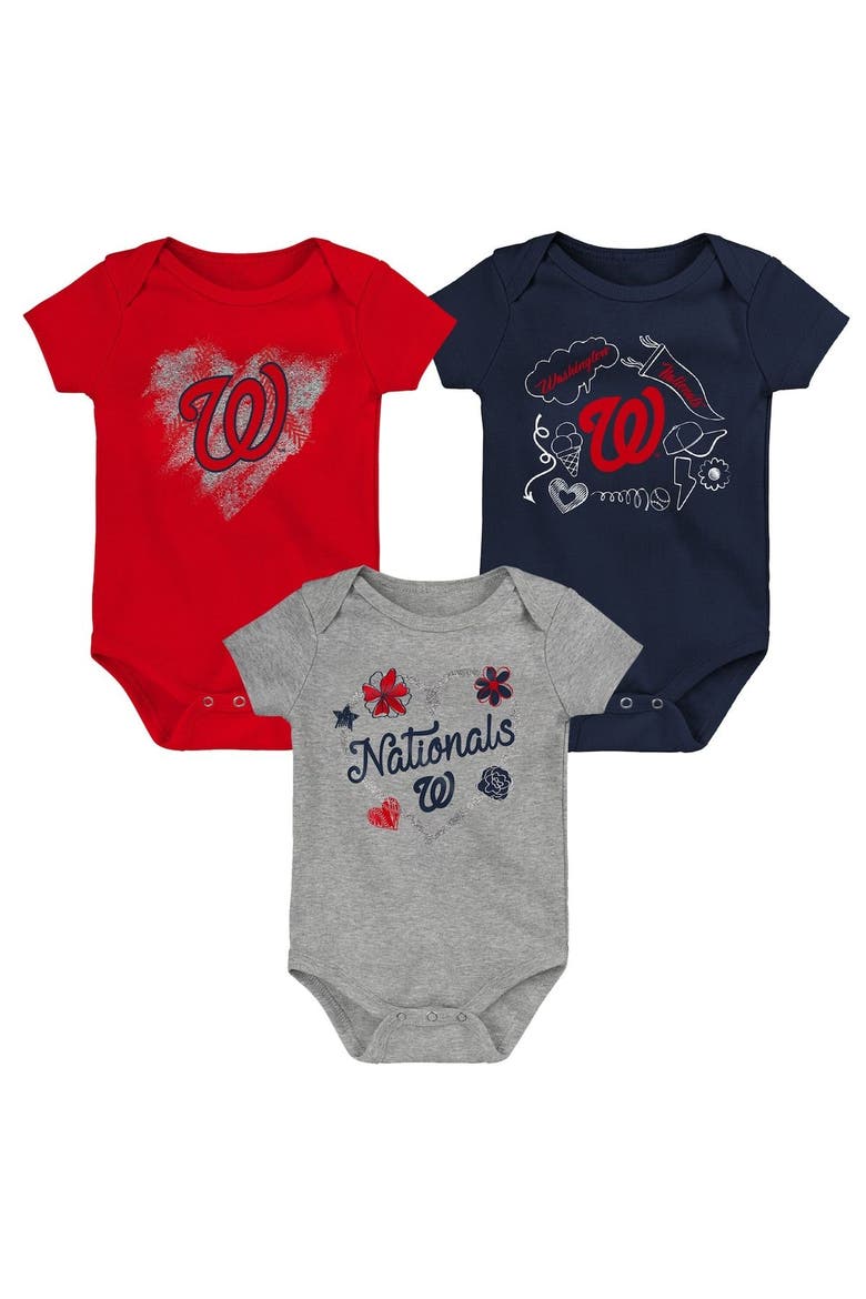 Girls Newborn & Infant Red/Navy/Heathered Gray Washington Nationals 3-Pack Batter Up Bodysuit Set, Alternate, color, Red