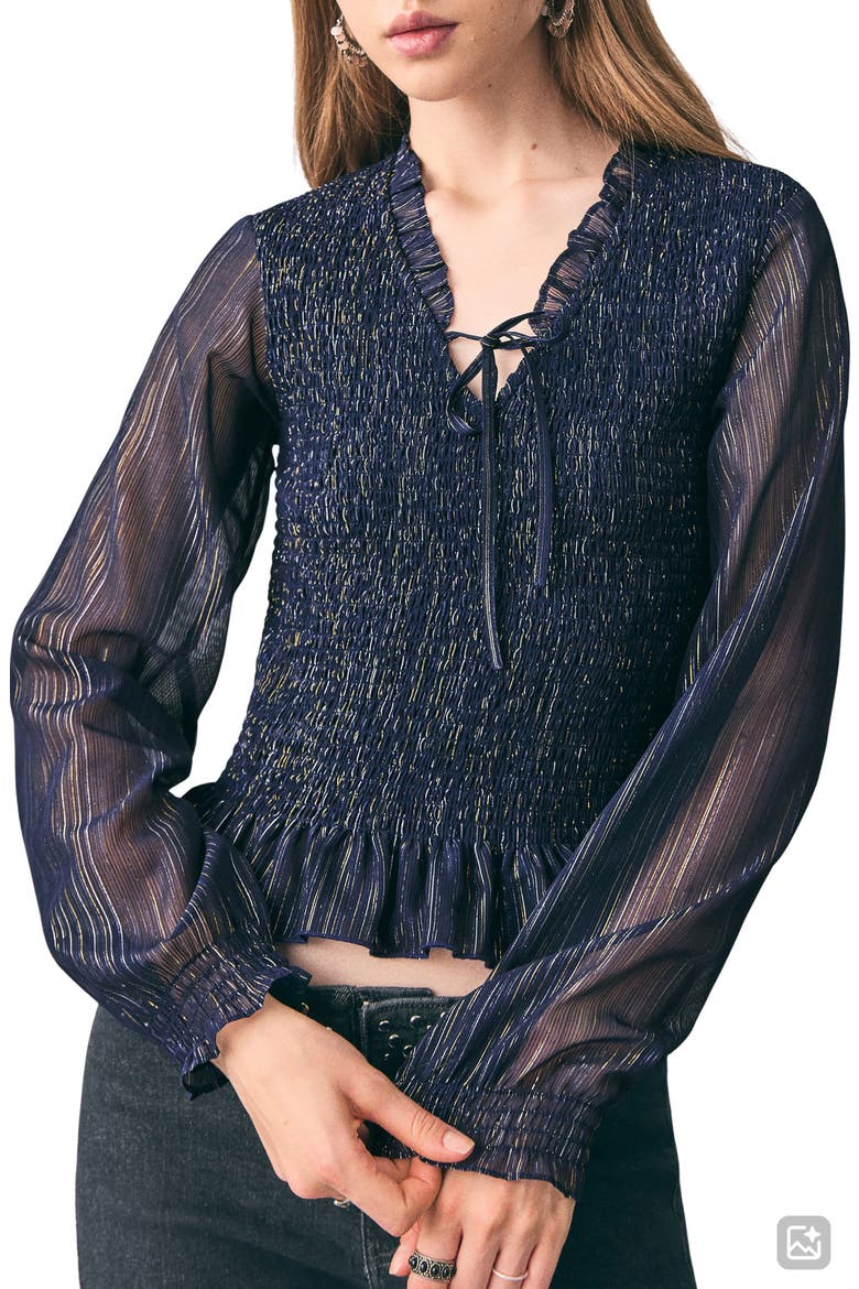 Metallic Stripe Smocked Top, Main, color, NAVY