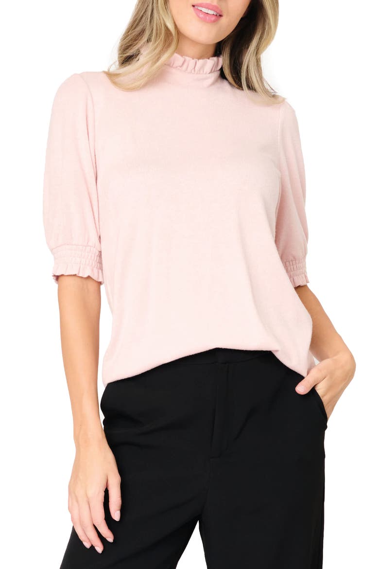Ruffle Mock Neck Puff Sleeve Sweater, Alternate, color, PINK SMOKE