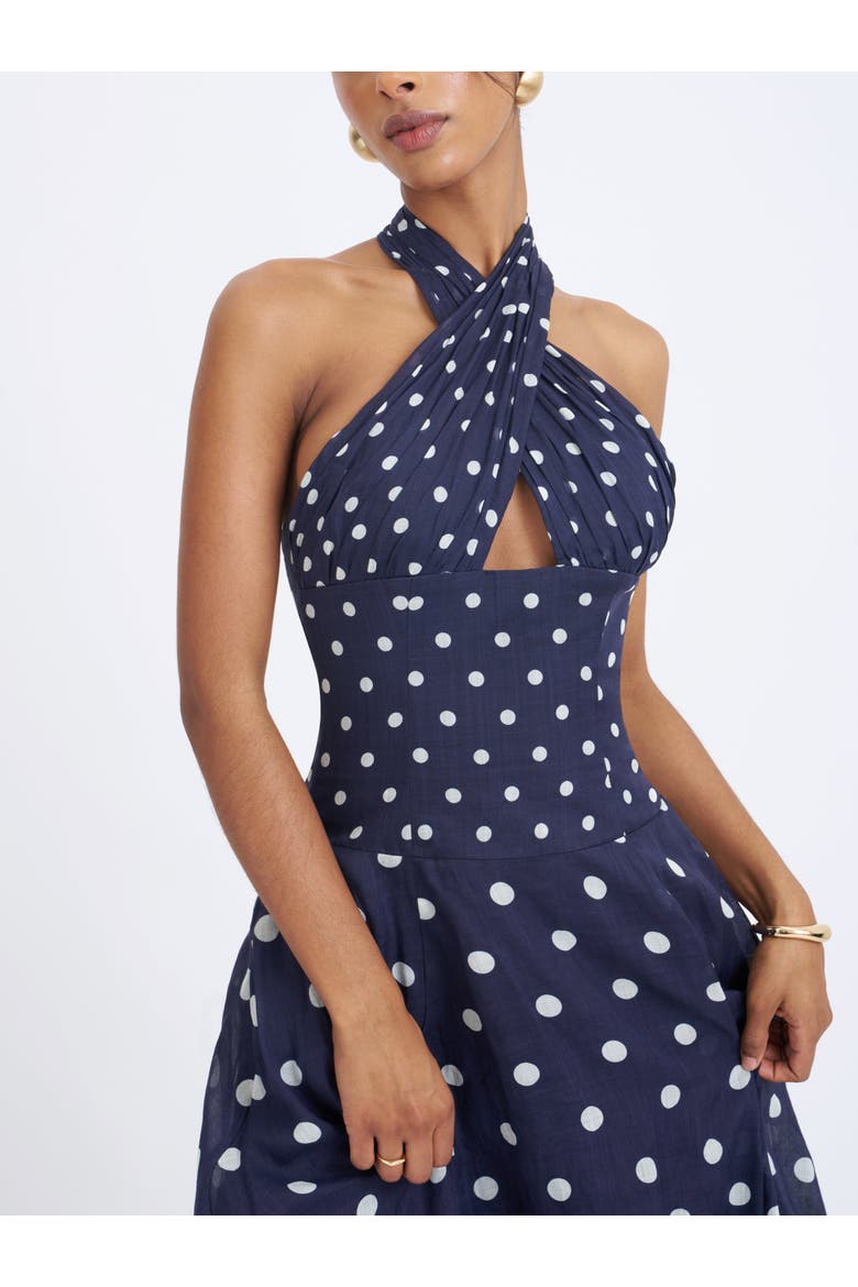 Nuri Polka Dot Ramie Crossover Halter A-Line Midi Dress, Alternate, color, Navy