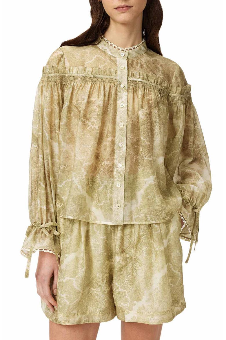 Delphine Paisley Button-Up Shirt, Main, color, JOANNE GOLD GREEN
