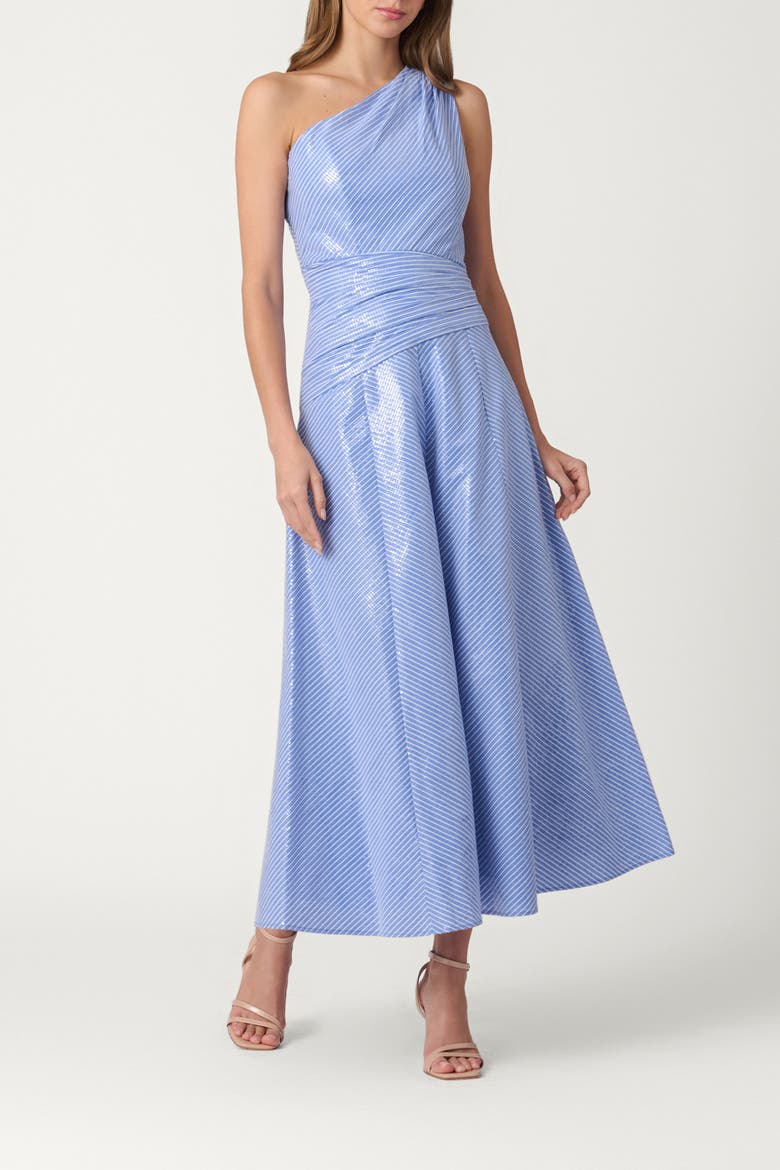 Midnight Sequin Pinstripe Nikki Dress, Main, color, French Blue/Optic