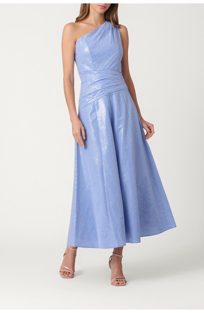 Shoshanna Midnight Sequin Pinstripe Nikki Dress, Main, color, French Blue/Optic