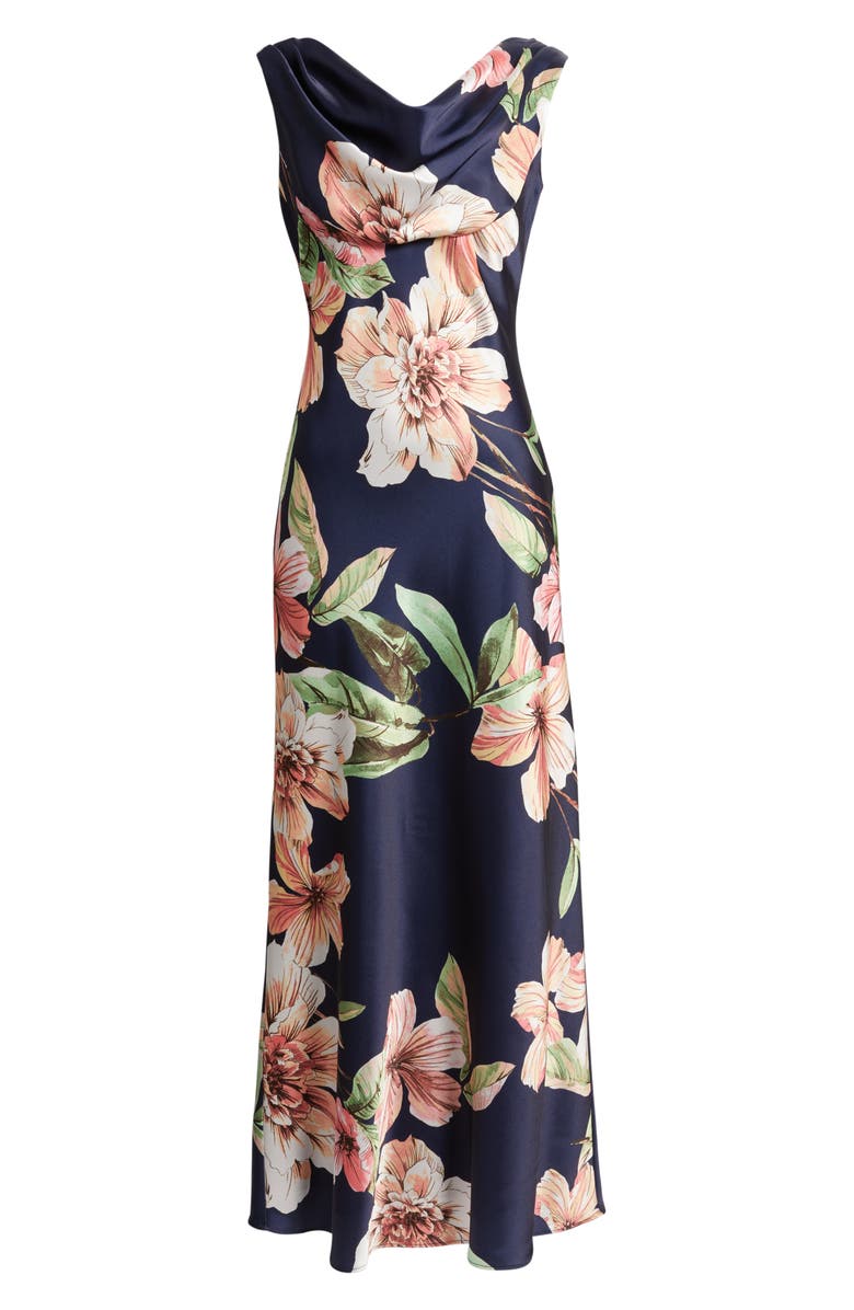 Eliza J Floral Cowl Neck Satin Gown, Main, color, 