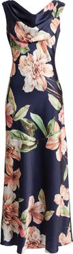 Eliza J Floral Cowl Neck Satin Gown