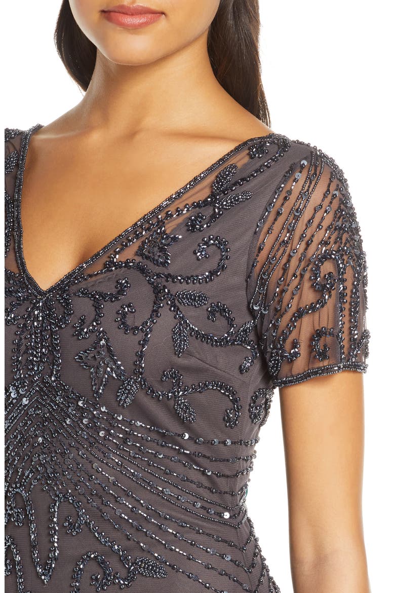 Beaded Mesh Column Gown, Alternate, color, SLATE