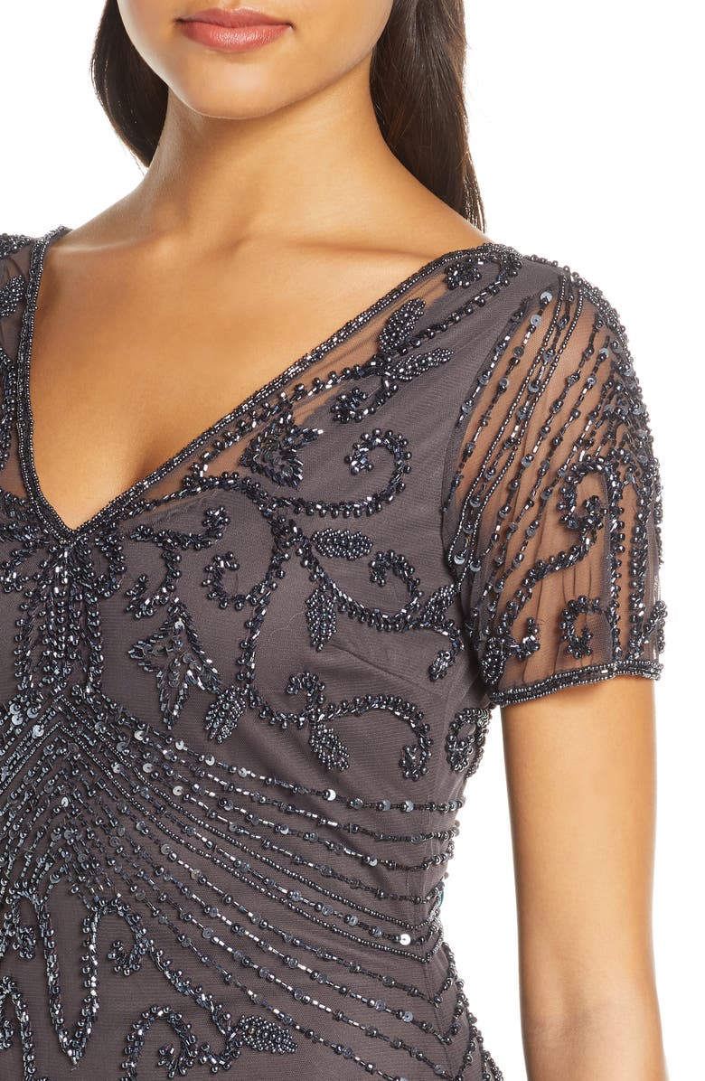 Pisarro Nights Beaded Mesh Column Gown, Alternate, color, Slate
