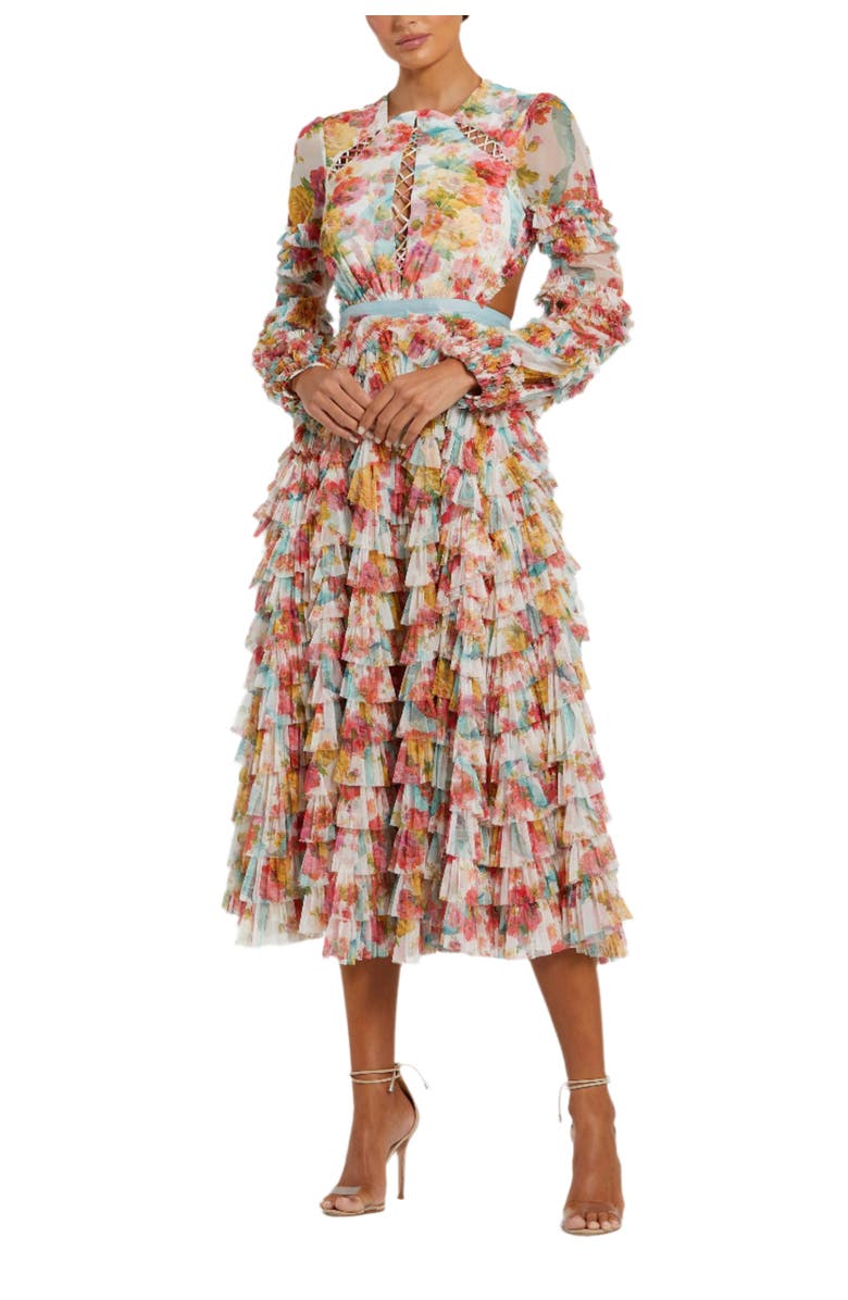 Mac Duggal Long Sleeve Tiered Ruffle Cutout Criss Cross Dress, Main, color, White Multi