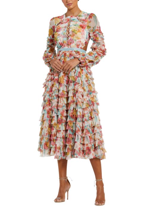 Long Sleeve Tiered Ruffle Cutout Criss Cross Dress