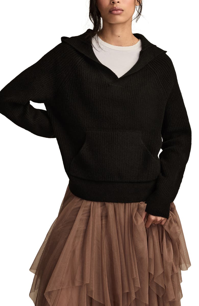 Lucky Brand Cloud Soft V-Neck Sweater Hoodie, Alternate, color, Dark Black