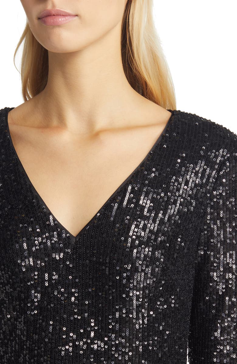 Eliza J Sequin Bodice Long Sleeve Overlay Jumpsuit, Alternate, color, Black