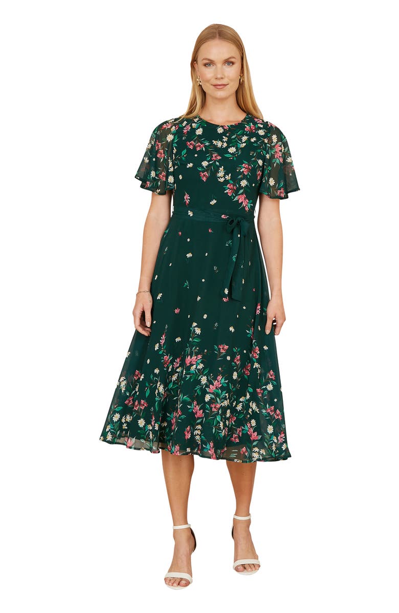 Yumi Daisy Mirror Placement Skater Dress, Main, color, Green