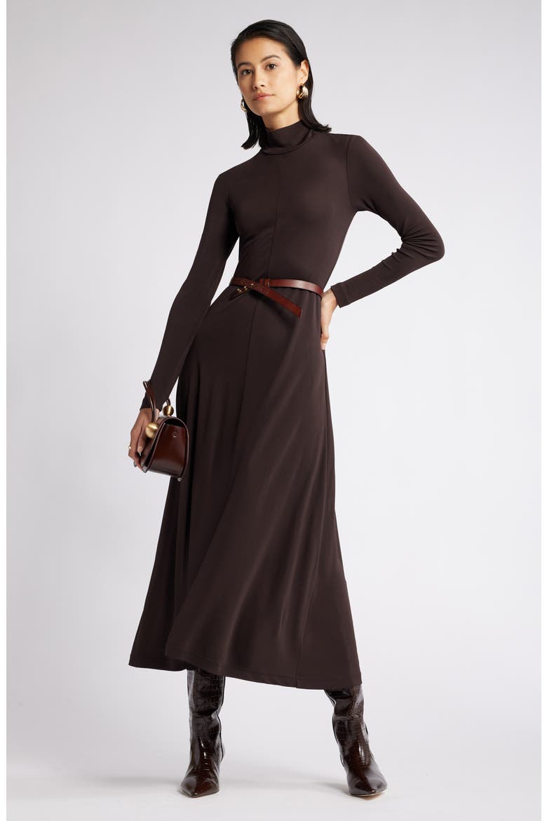 Long Sleeve Matte Jersey Dress, Main, color, BROWN GANACHE