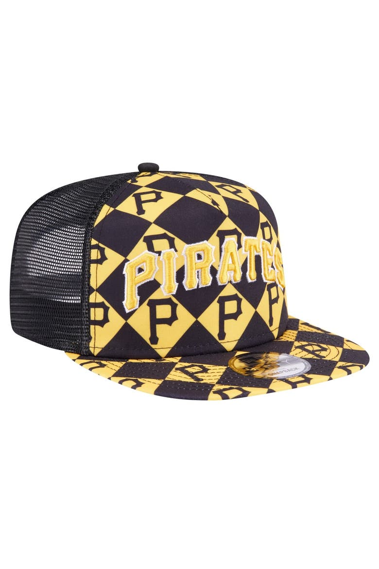 Men's New Era Black Pittsburgh Pirates Seeing Diamonds A-Frame Trucker 9FIFTY Snapback Hat, Alternate, color, Black