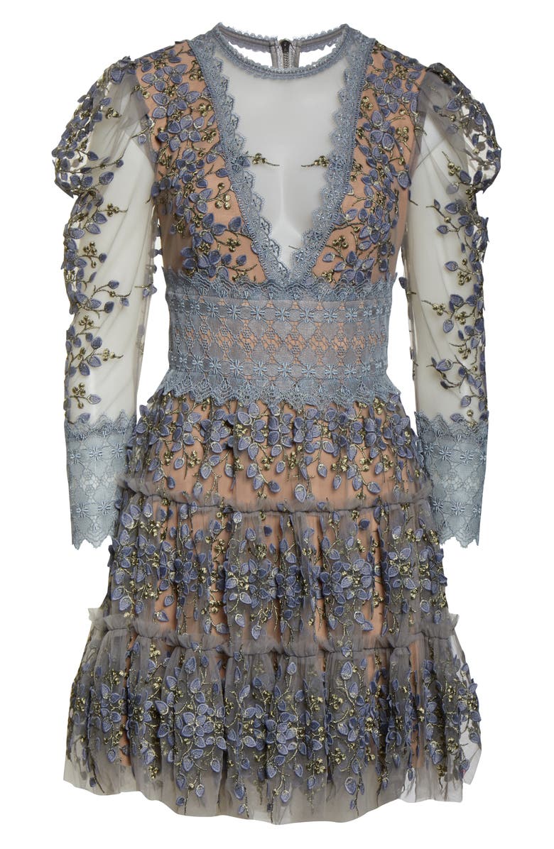 Bronx and Banco Megan Long Sleeve Grey Floral Lace Minidress, Alternate, color, 