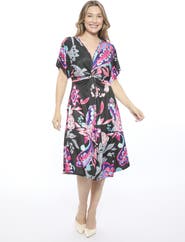 24seven Comfort Apparel Womens Paisley V-Neck Short Dolman Sleeve Twist Front A-Line Midi Dress