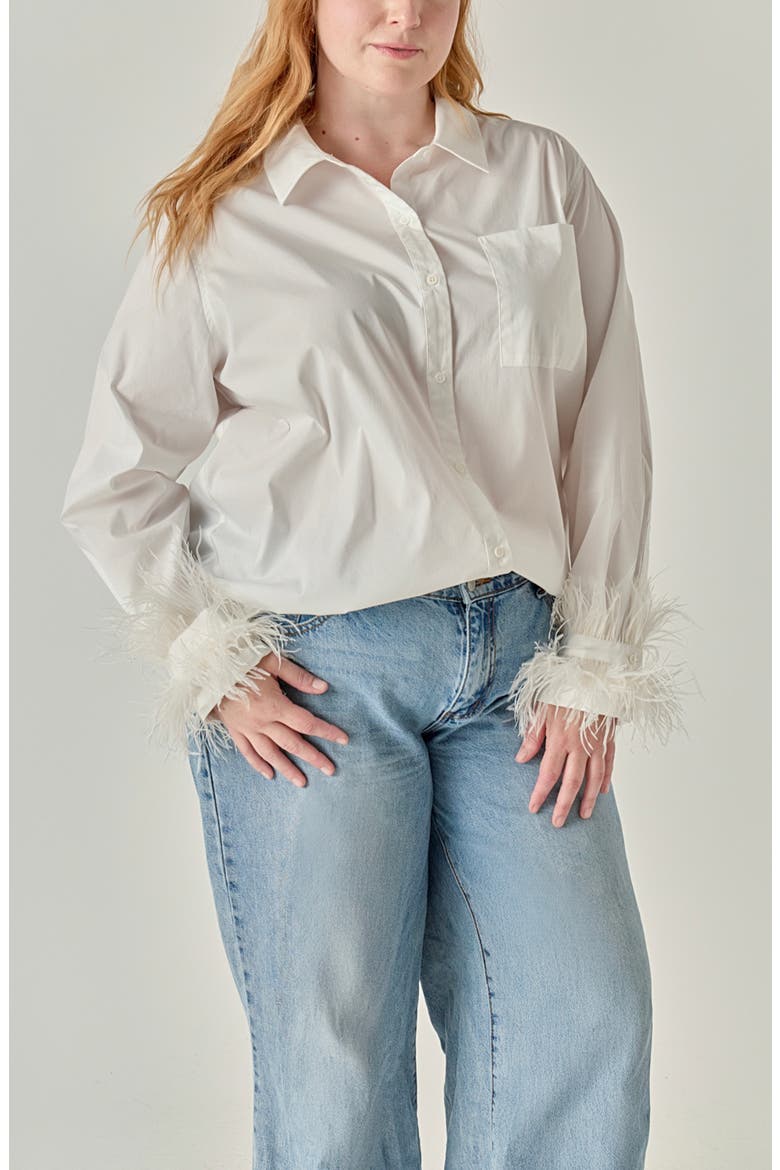 Faux Feather Trim Pointed Collar Shirt, Alternate, color, WHITE
