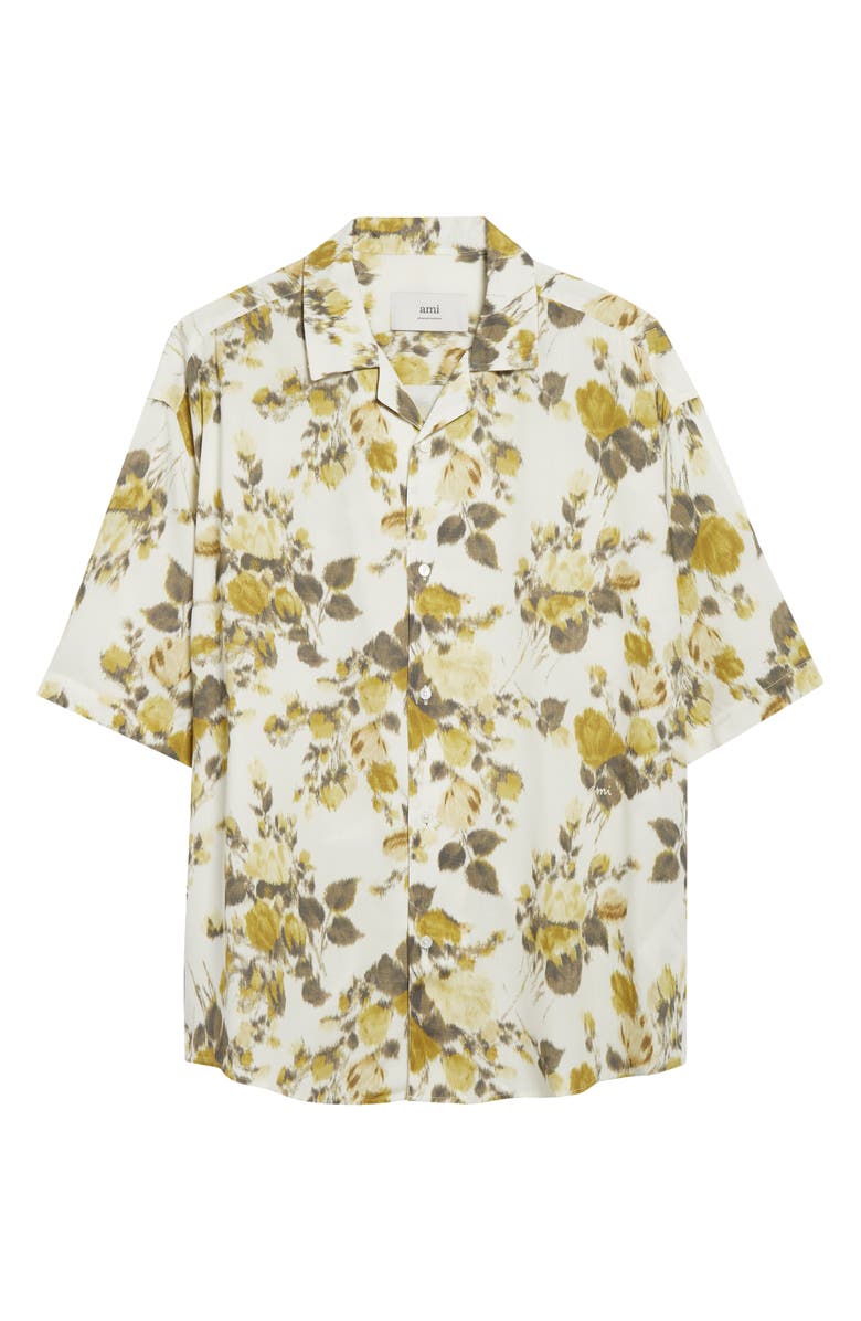 AMI PARIS Floral Print Camp Shirt, Alternate, color, Anis/ Ivoire