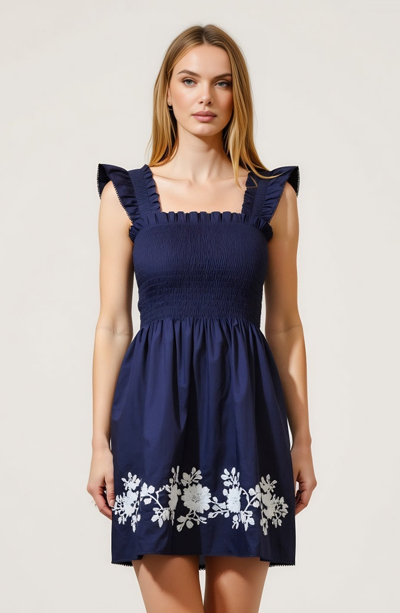 Modenaire Smocked Ruffle Strap Mini Dress with Floral Embroidery Hem, Alternate, color, Blue