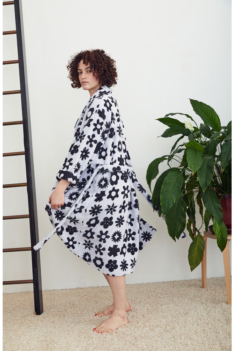 Flower Cotton Bathrobe, Alternate, color, BLACK AND WHITE