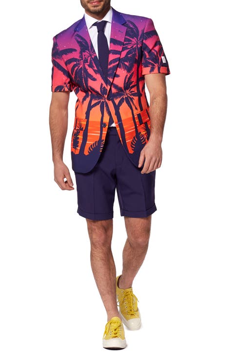 Suave Sunset Short Sleeve Sport Coat, Tie & Flat Front Shorts Set