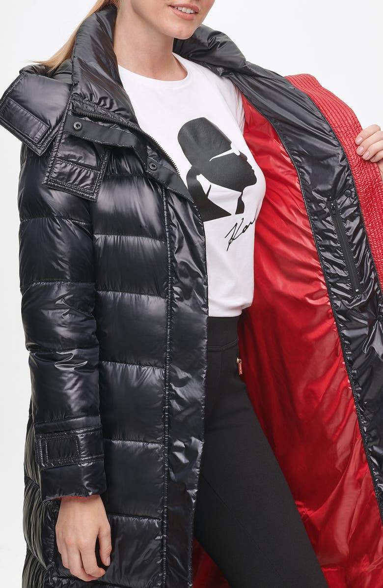 KARL LAGERFELD PARIS Contrast Belted Longline Puffer Jacket, Alternate, color, Black