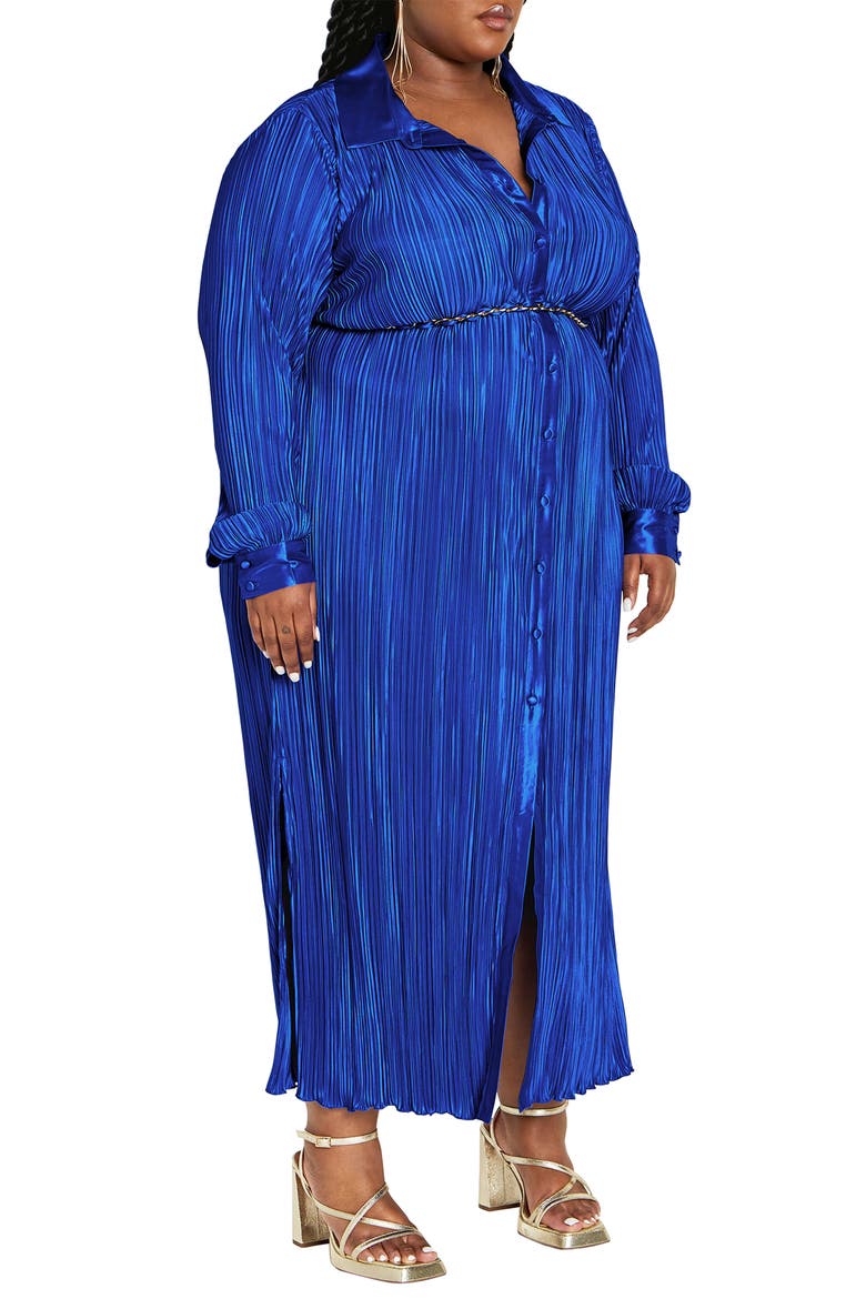 Amirah Belted Plissé Maxi Shirtdress, Alternate, color, BLUE