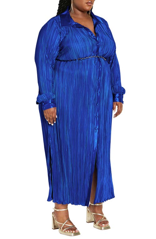 City Chic Amirah Belted Plissé Maxi Shirtdress In Blue
