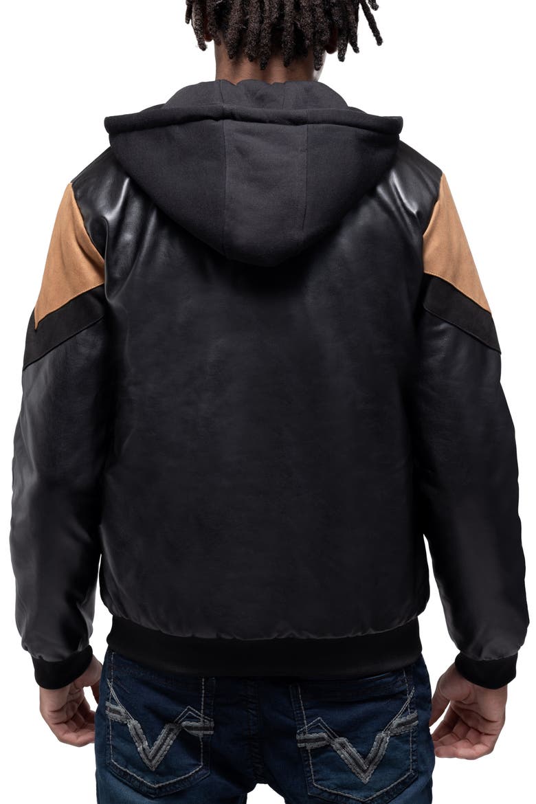 Hooded Faux Leather Jacket, Alternate, color, BLACK/ BROWN