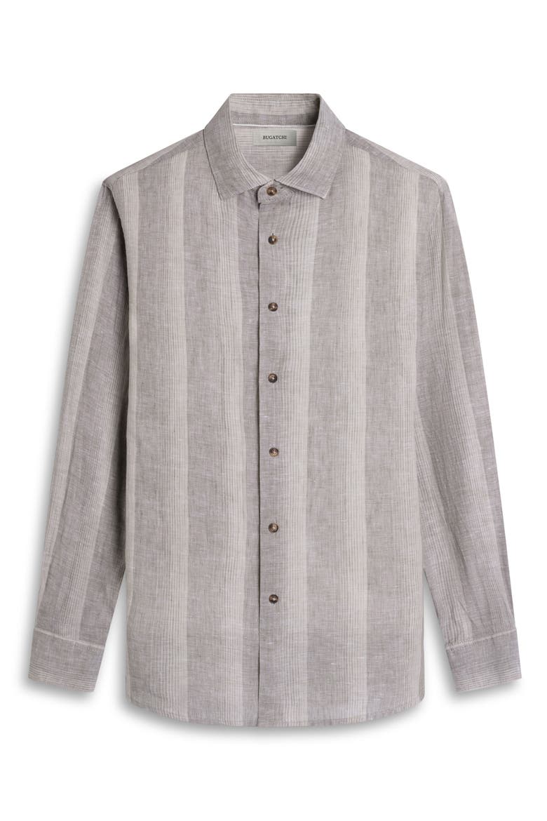 Julian Shaped Fit Shadow Stripe Linen Button-Up Shirt, Alternate, color, KHAKI