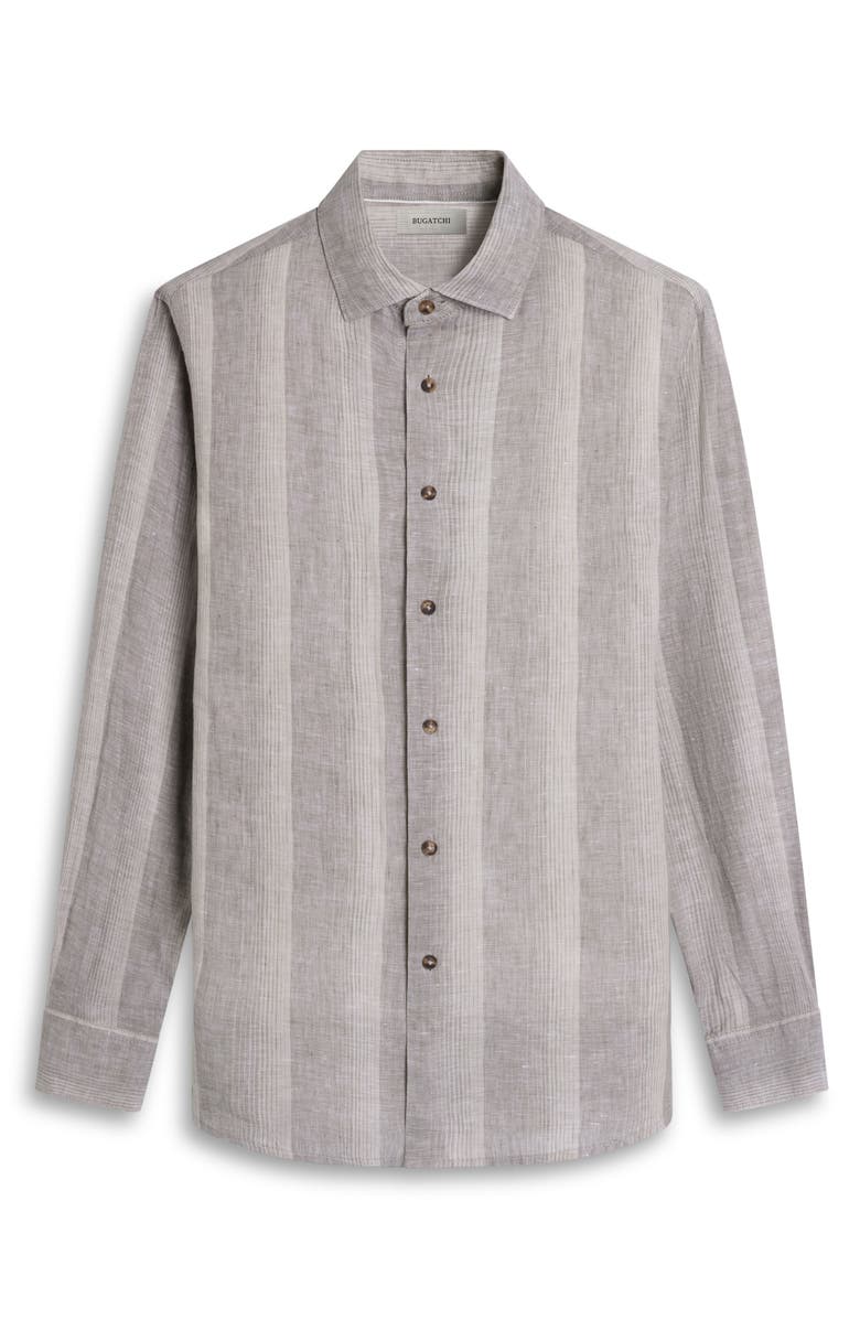 Bugatchi Julian Shaped Fit Shadow Stripe Linen Button-Up Shirt, Alternate, color, Khaki