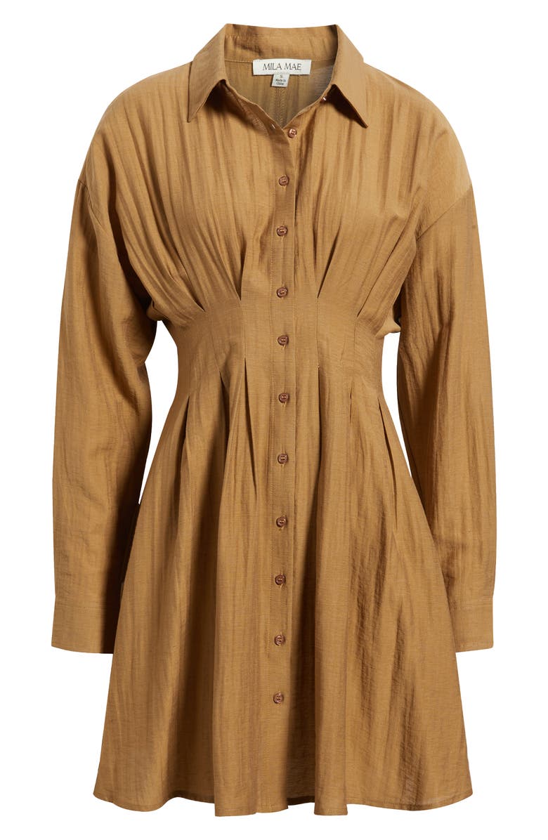 Mila Mae Long Sleeve Pleated Shirtdress, Alternate, color, Brown