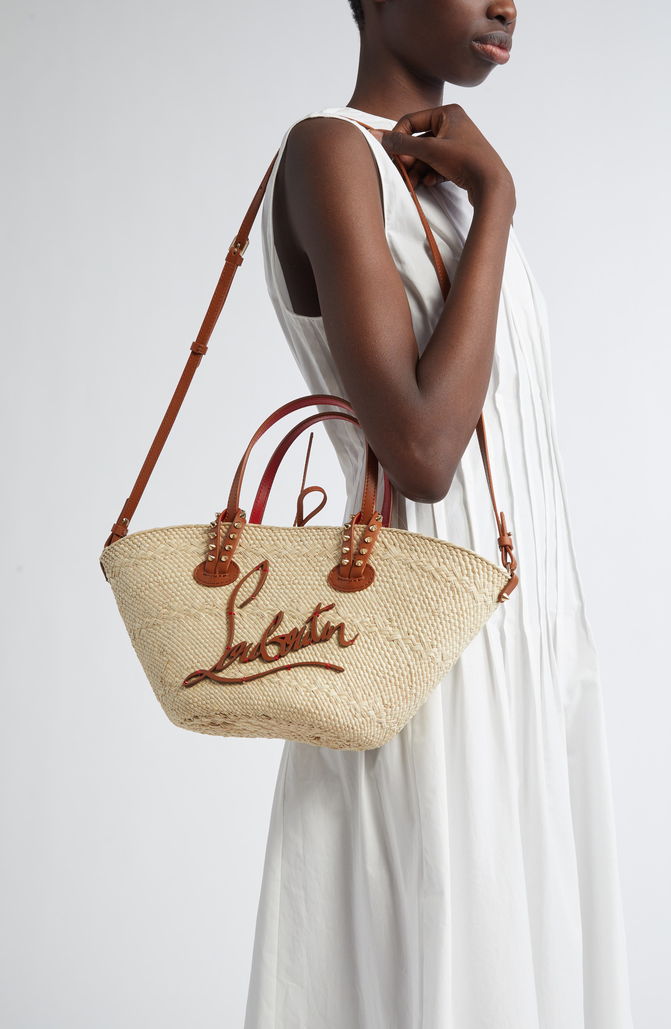 Christian Louboutin Mini Cabata Raffia Basket Tote, Alternate, color, Natural/ Cuoio