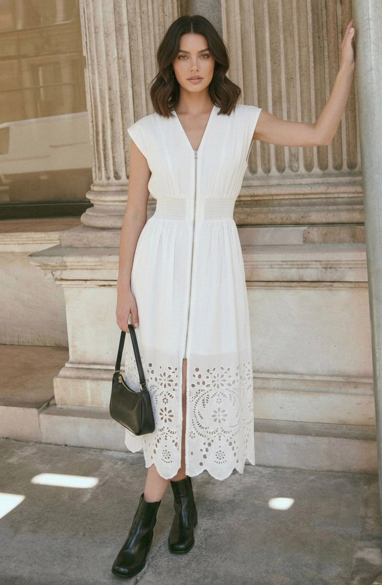 Modenaire Cap Sleeve Smocked Front Zip Midi Dress, Alternate, color, White