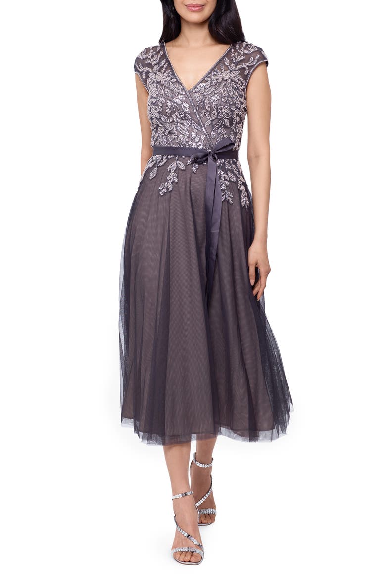 Beaded Fit & Flare Cocktail Dress, Main, color, GREY/ BLUSH