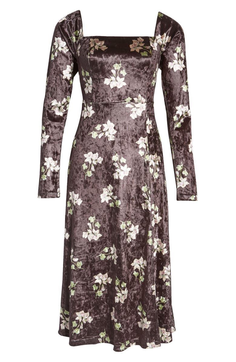 MELLODAY Print Square Neck Long Sleeve Stretch Velvet Dress, Main, color, 