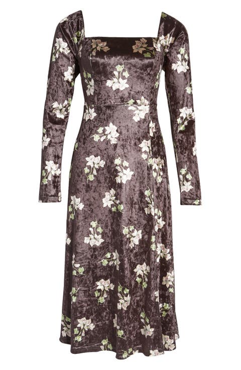 Print Square Neck Long Sleeve Stretch Velvet Dress
