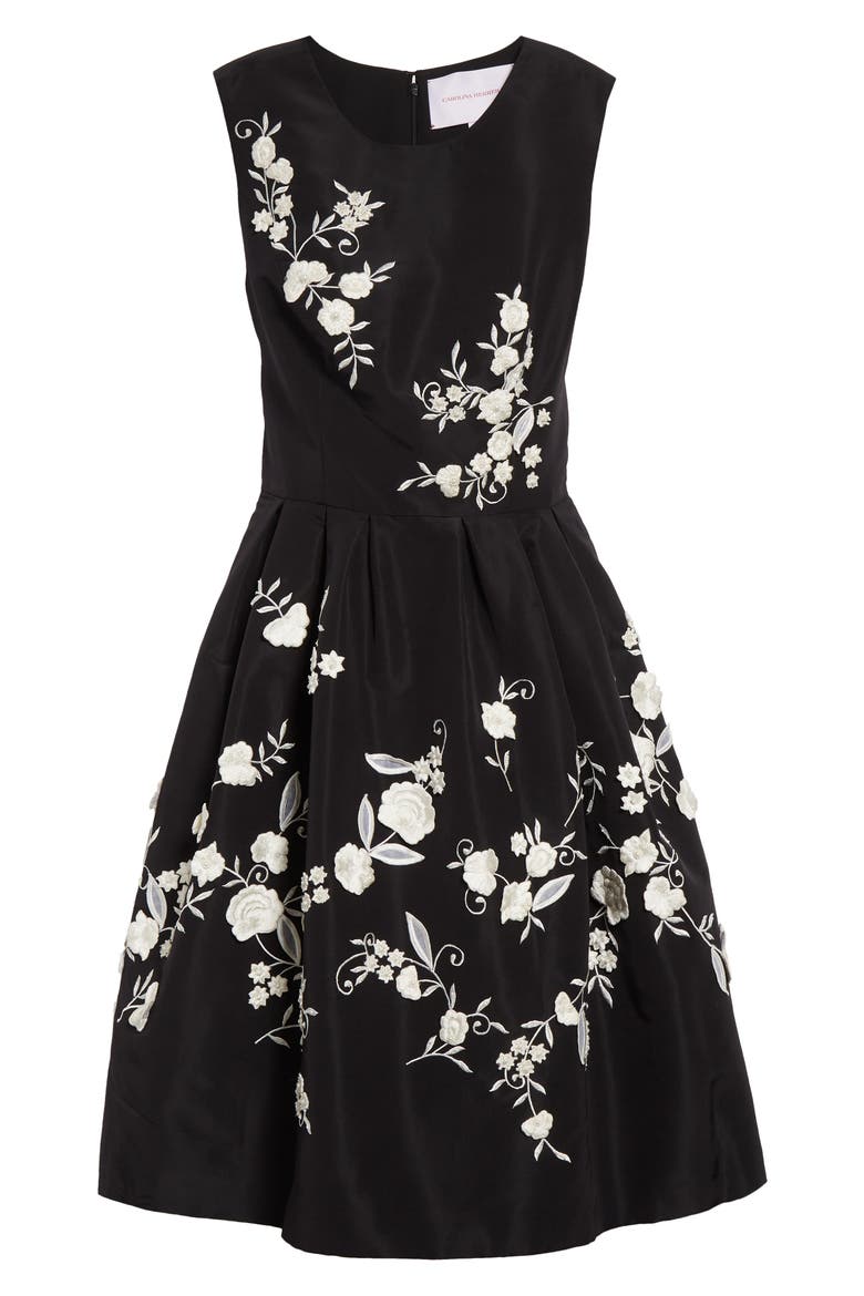 Floral Embroidered Silk Faille Fit & Flare Dress, Alternate, color, BLACK/ WHITE