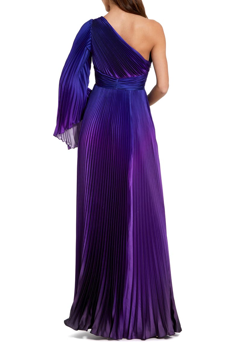 Pleated Charmeuse One-Shoulder Flare Sleeve Gown, Alternate, color, Violet Ombre