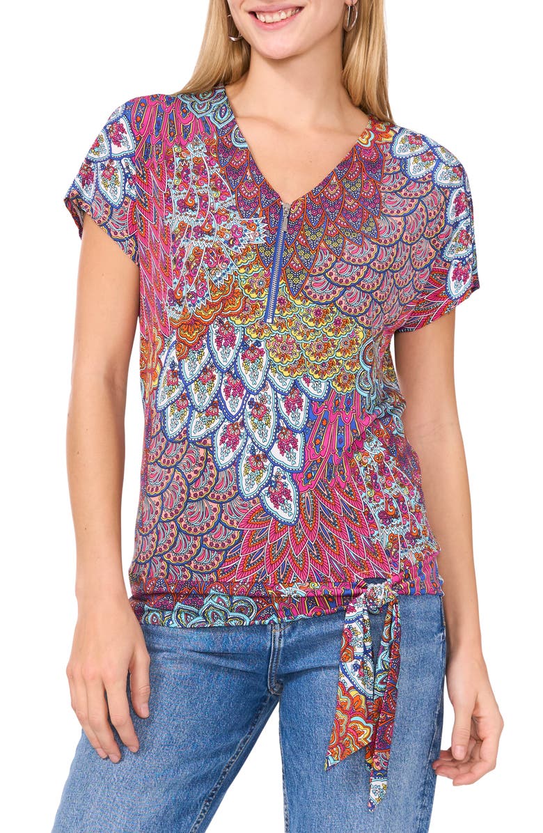 Chaus Peacock Print Zip Front Top, Main, color, Trop Palm