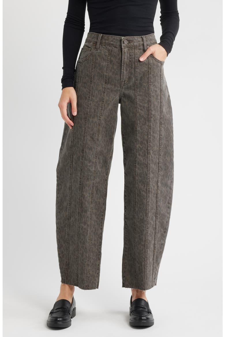 Seamed Cheetah Print Barrel Leg Jeans, Main, color, BROWN