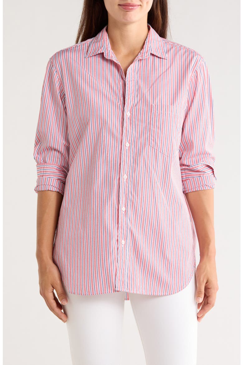 Boyfriend Cotton Button-Up Shirt, Main, color, RED NAVY MULTI STRIPE