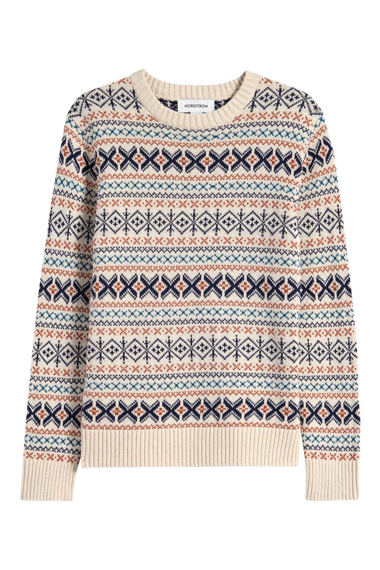 Kids' Fair Isle Cotton Crewneck Sweater, Main, color, BEIGE HEATHER GEO FAIRISLE