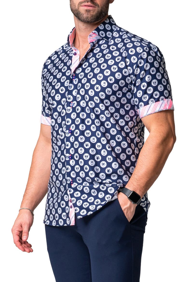 Galileo Dogdot Blue Stretch Short Sleeve Button-Up Shirt, Alternate, color, BLUE