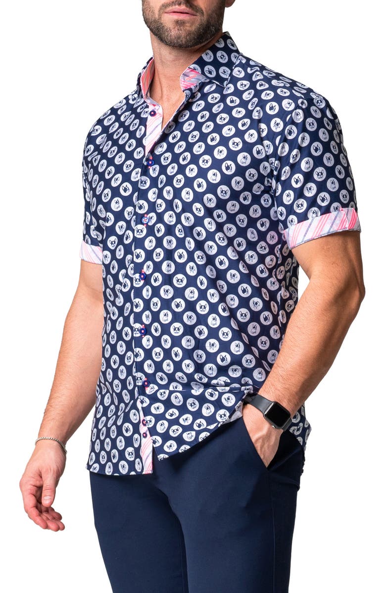 Maceoo Galileo Dogdot Blue Stretch Short Sleeve Button-Up Shirt, Alternate, color, Blue